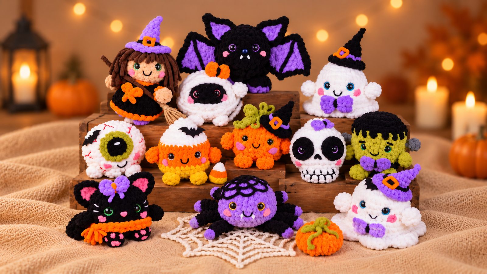A group of crocheted plush toys: a little witch, a bat, ghosts, a pumpkin, a skull, a black cat, a spider and more, on wooden steps